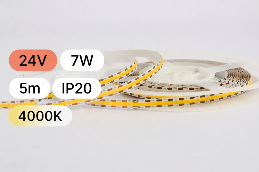 Banda LED COB 24V, 400 LED, 7W, IP20, 4000K, 95lm/W, CRI >90, alb neutru, latime 5mm, rola 5 metri [2]