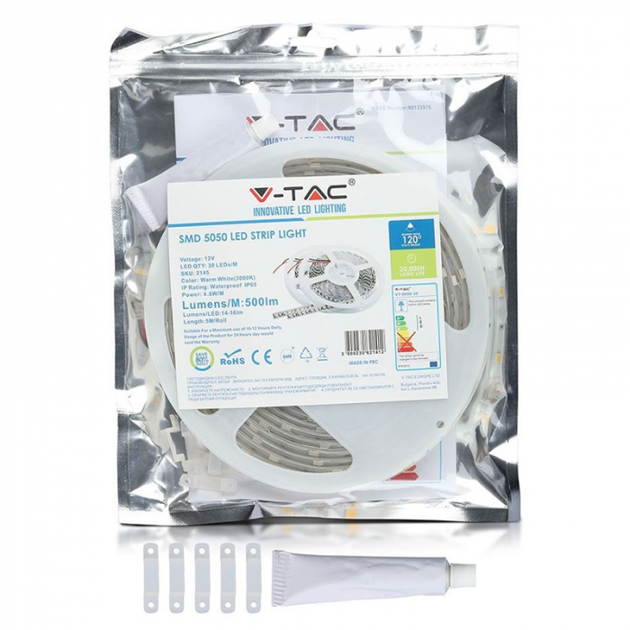Banda led smd5050 30led/m 3000k ip65 5m V-tac [5]