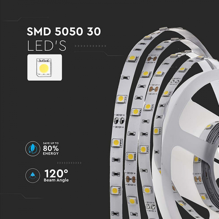 Banda led smd5050 30led/m 6400k ip20 5m V-tac [4]