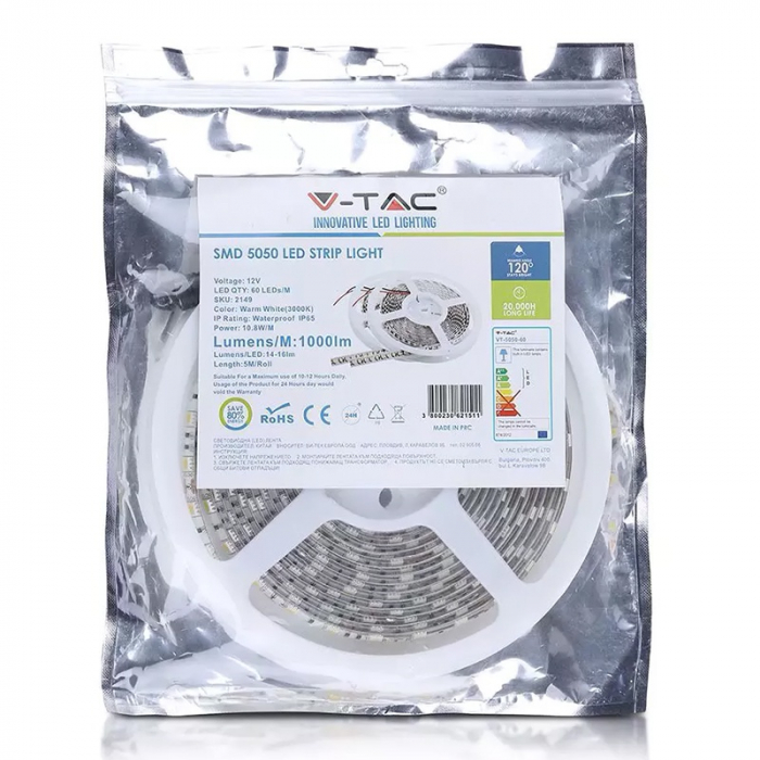 Banda led smd5050 60led/m 3000k ip65 5m V-tac [5]