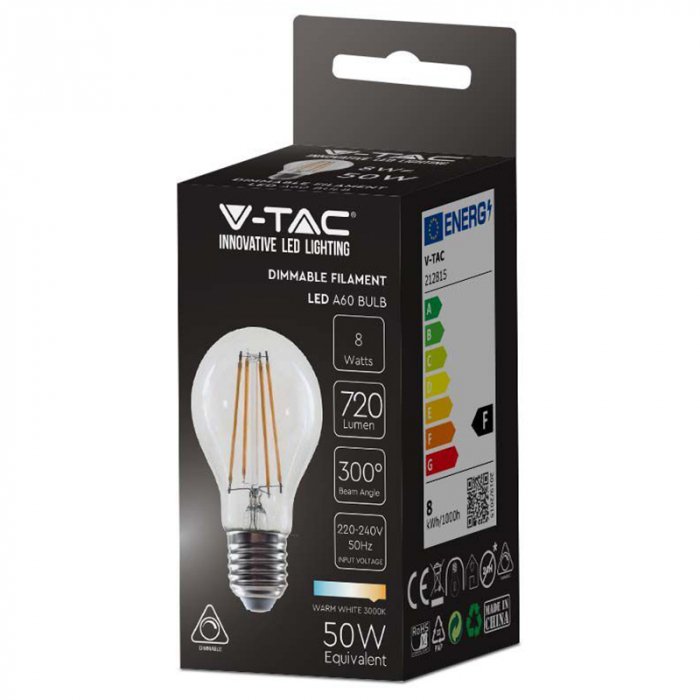ec e27 a60 cu filament dimabil led 8w 3000k alb cald V-tac [3]