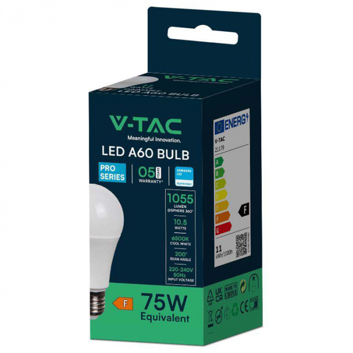 Bec led a60 e27 10.5w 6500k alb rece V-tac [3]