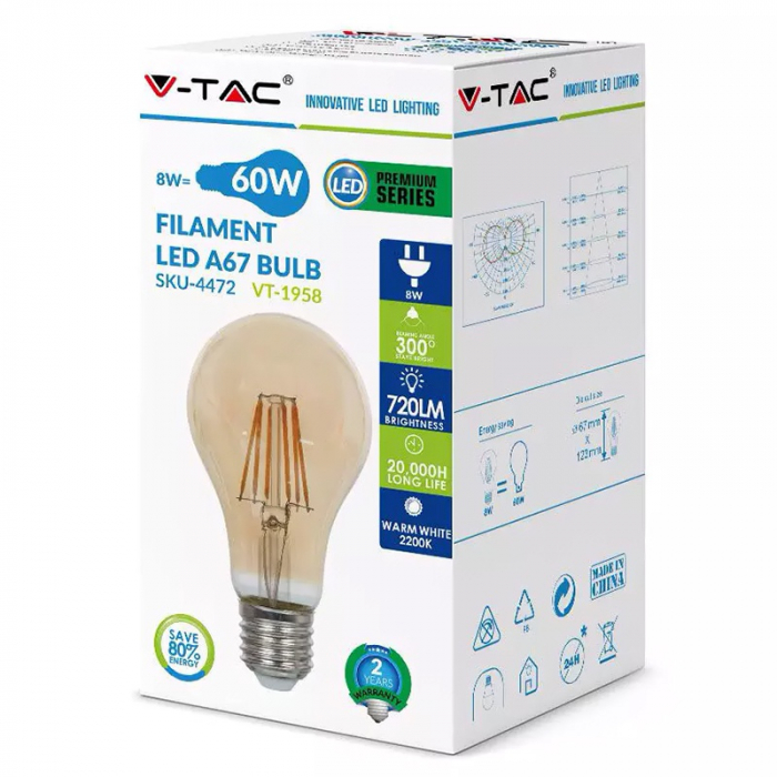 Bec led a67 e27 8w cu filament 2200k alb cald V-tac [3]