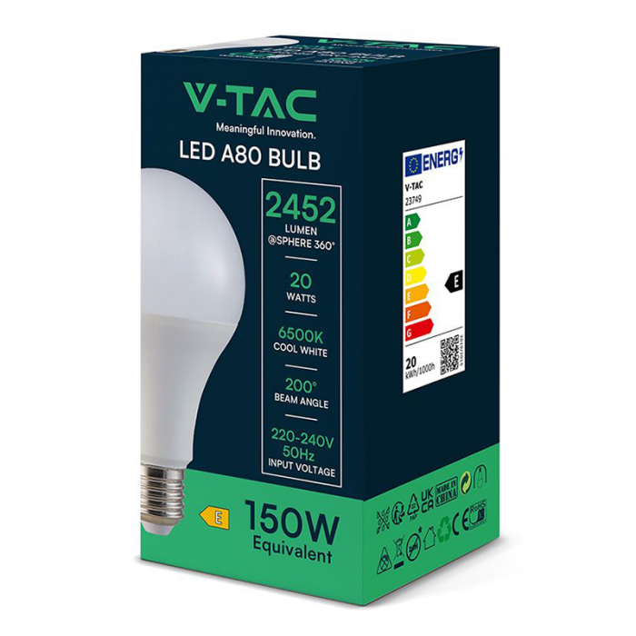 Bec led a80 e27 20w 6500k alb rece V-Tac [3]