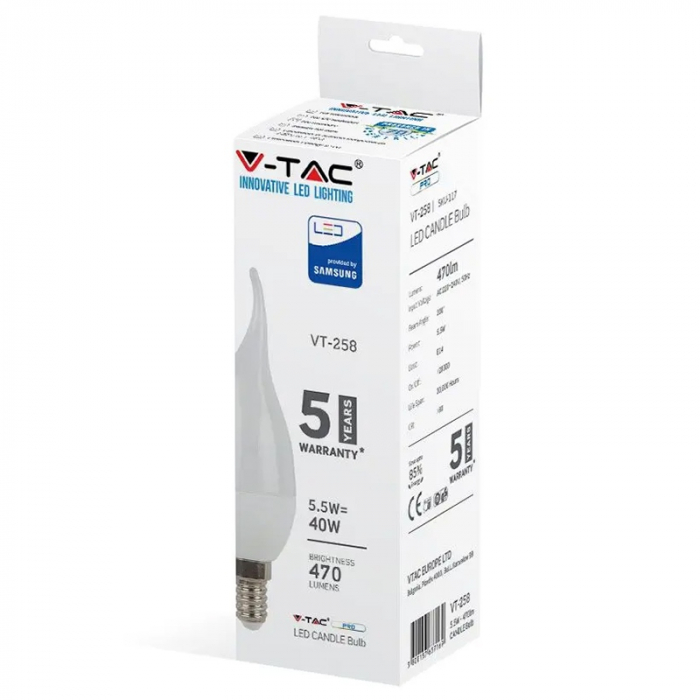 Bec led e14 5.5w 6000k alb rece, cip Samsung V-tac [3]