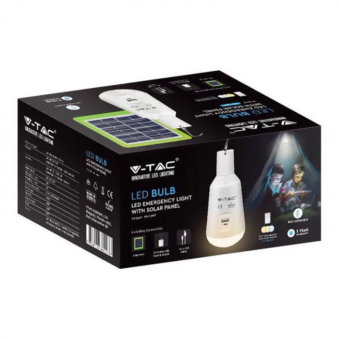 Bec led e27 7w 3in1 cu accumulator incarcare solara si usb V-tac [5]