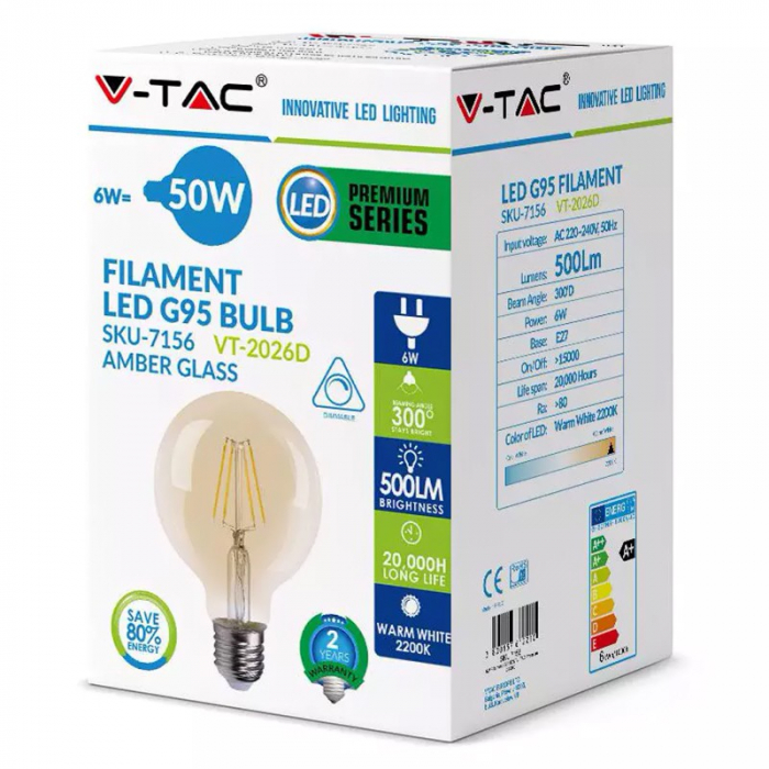 Bec led G95 E27 6W dimabil cu filament 2200K alb cald V-tac [3]