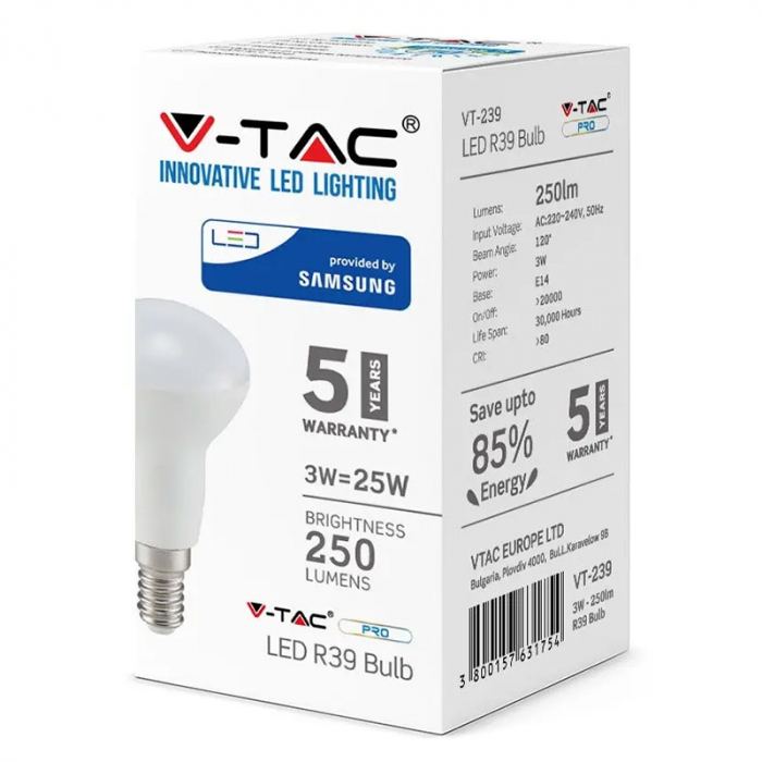 Bec led r39 e14 3w 4000k alb neutru, cip Samsung V-tac [4]