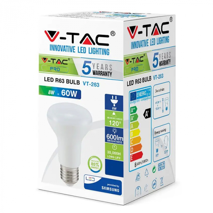 Bec led r63 e27 8.5w 4000k alb neutru, cip samsung V-Tac [4]