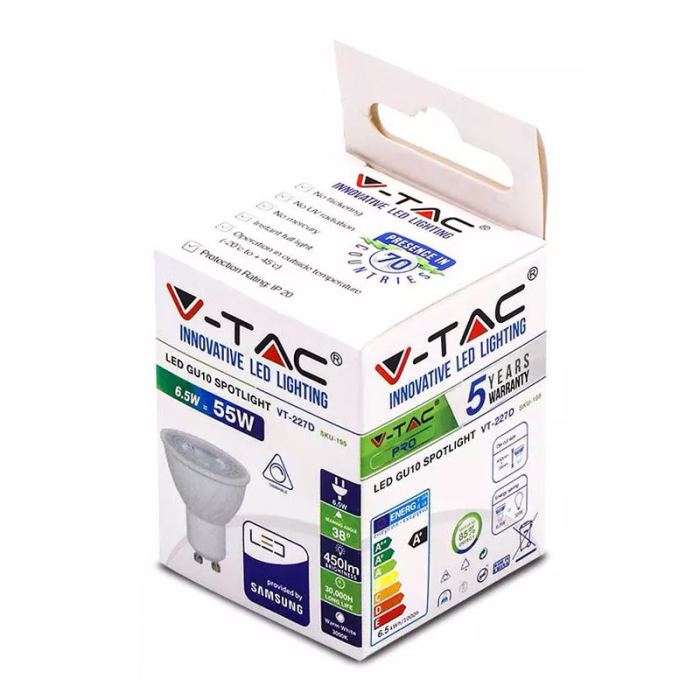Bec spot LED GU10, 6.5W, dimabil, 6400K, alb rece, cip Samsung, V-TAC [5]