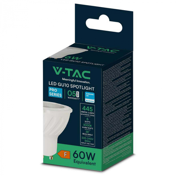 Bec spot LED GU10, 6W, 3000K, alb cald, cip Samsung, V-TAC [4]