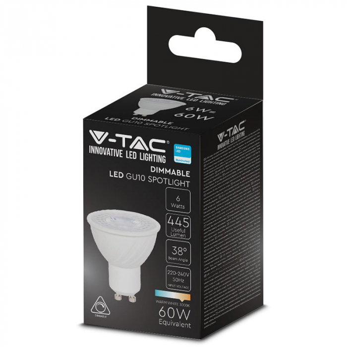 Bec spot led gu10 6w dimabil 3000k alb cald, cip Samsung V-tac [5]