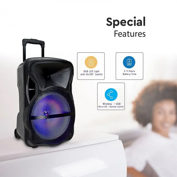 BOXA PORTABILA ILUMINATA LED 15"/38CM 50W RMS CU USB/SD/BT/FM [5]