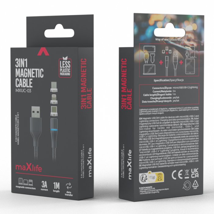 CABLU MAGNETIC 3IN1 USB-C/LIGHTNING/MICRO USB 1M 3A - NEGRU [9]