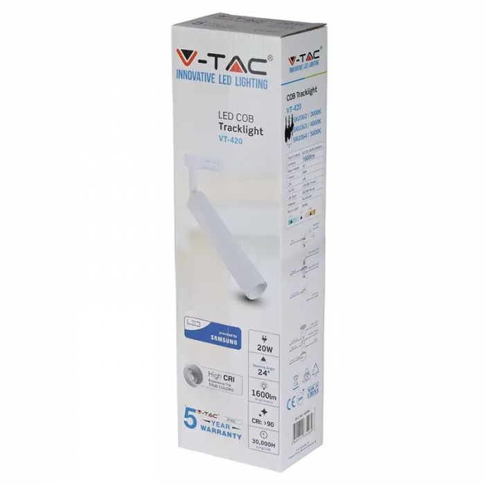 Corp iluminat led, 20w, tracklight, 5000k, alb neutru, V-TAC 364 [6]