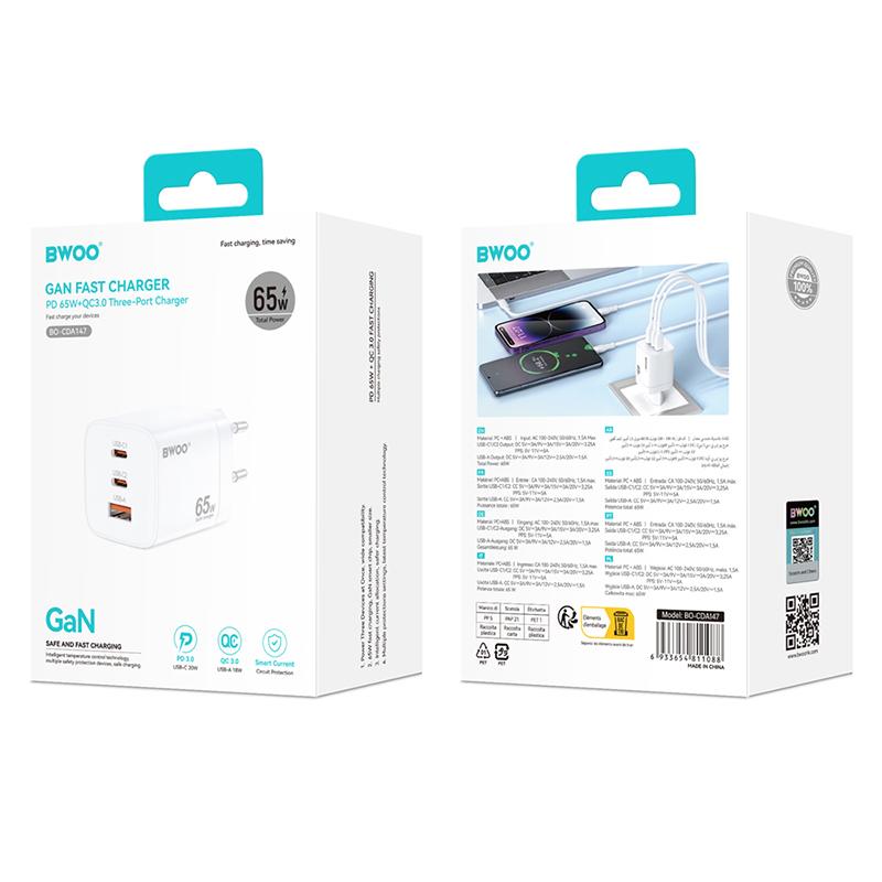 INCARCATOR RETEA PD+QC 2XUSB-C + USB-A 3.0 PD 2.4A 65W - ALB [5]