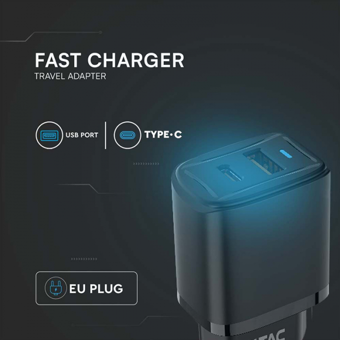 INCARCATOR RETEA QC 20W USB SI TIP C - NEGRU [4]