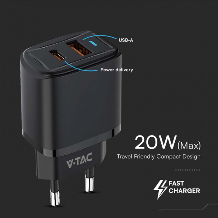 INCARCATOR RETEA QC 20W USB SI TIP C - NEGRU [5]