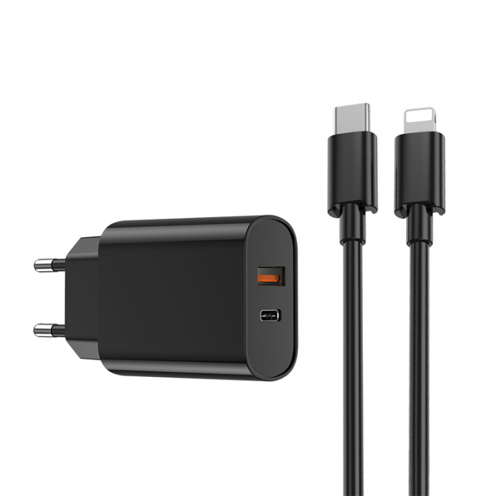 INCARCATOR RETEA USB + USB-C PD QC 20W + CABLU LIGHTNING -NEGRU [3]