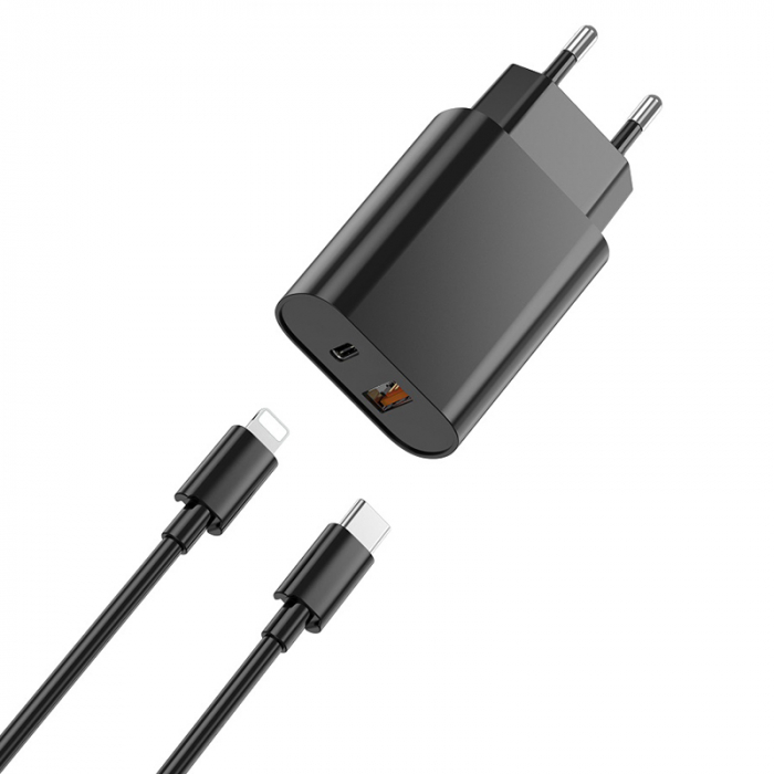 INCARCATOR RETEA USB + USB-C PD QC 20W + CABLU LIGHTNING -NEGRU [4]