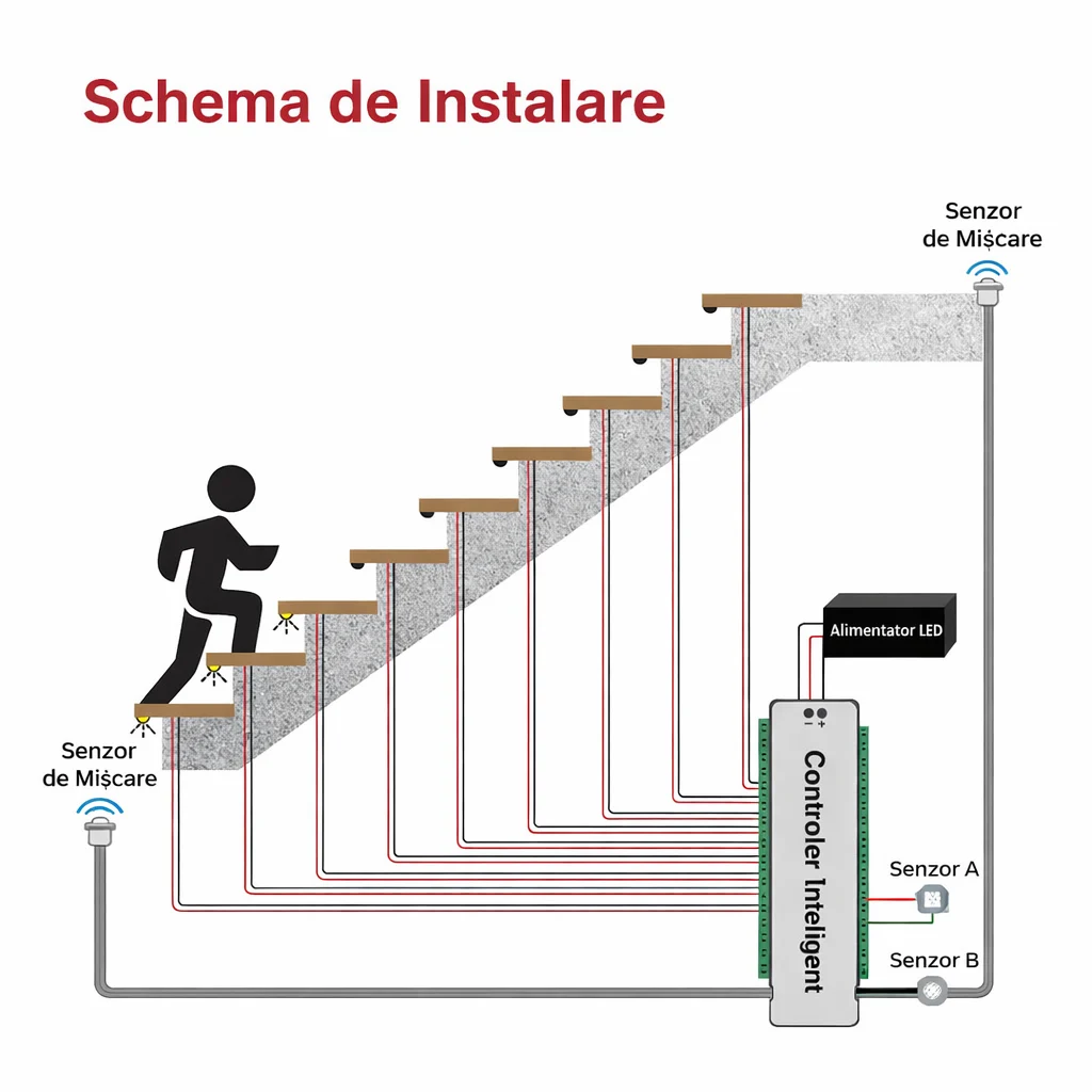 Kit Iluminat Inteligent Pentru 16 Scari / Scara/ Trepte cu Senzori si banda LED 24V [3]