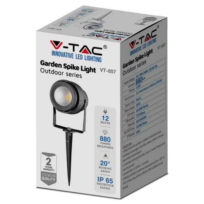 Lampa gradină, IP65, 12W, 4000K, alb neutru, negru, V-TAC, SKU-217545 [13]