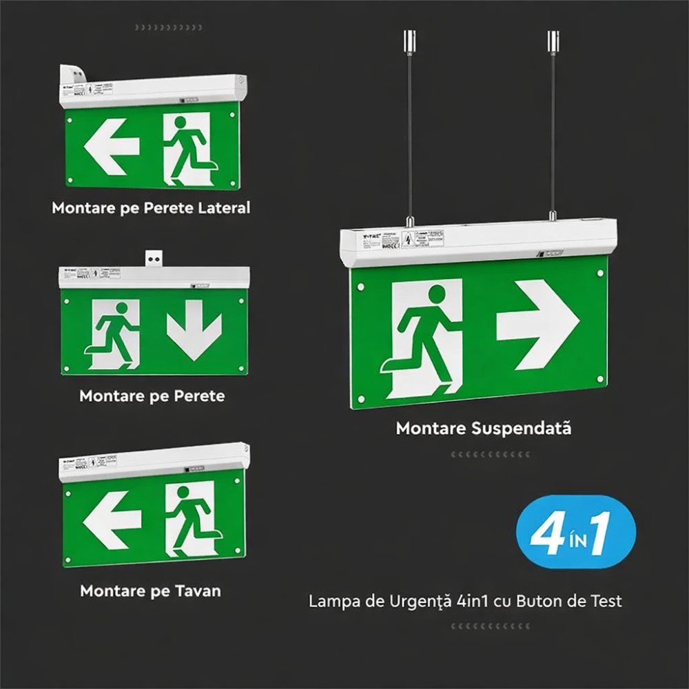 Lampă ieșire urgență LED 2.5W 6000K 4 în 1, baterie inclusă, buton test, conform ISU [2]