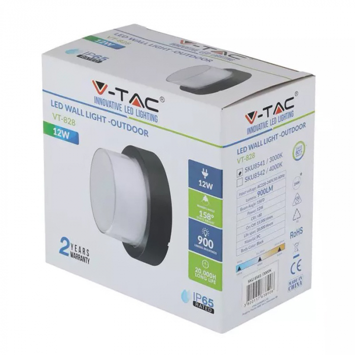 Lampa LED 12W, IP65, 3000K, alb cald, negru, V-TAC 8541 [6]