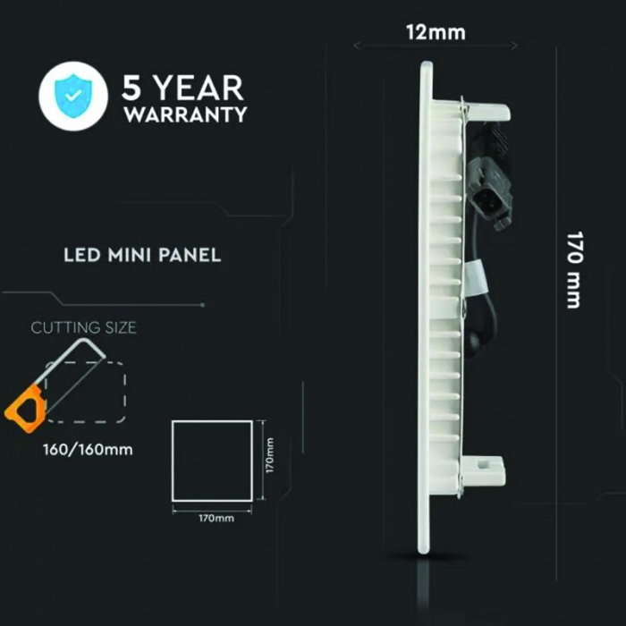 Panou LED, incorporabil, pătrat, 12W, 4000K, alb neutru, cip Samsung [7]