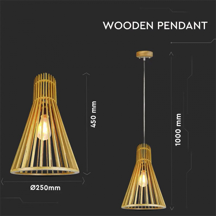 Pendul tavan din lemn E27 max 60W D25 x 45cm, V-TAC [3]