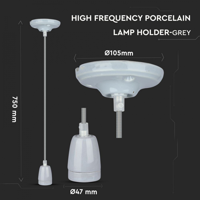 Pendul tavan portelan soclu E27 - gri - V-TAC [6]