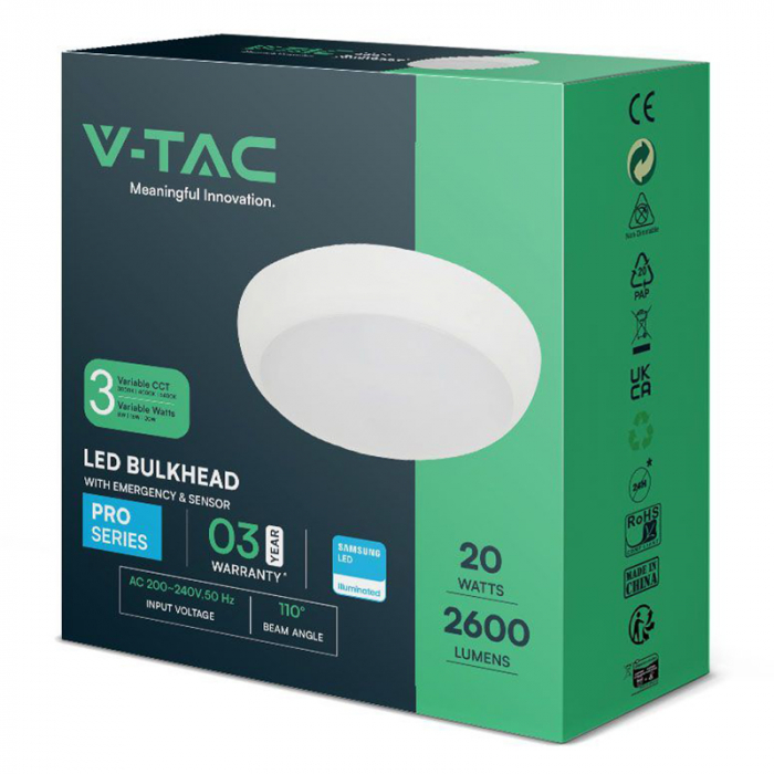 Plafoniera LED cu emergenta si senzor 8W/16W/20W (3in1 3000k-4000k-6500k)  IP65 alb IK08 V-TAC SKU-812-24 [12]