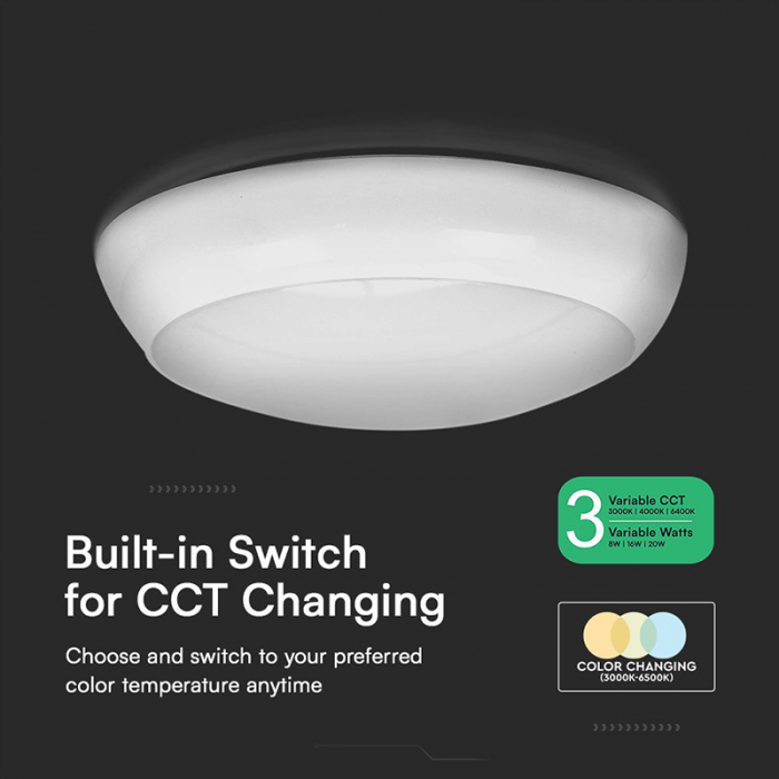 Plafoniera LED cu emergenta si senzor 8W/16W/20W (3in1 3000k-4000k-6500k)  IP65 alb IK08 V-TAC SKU-812-24 [15]