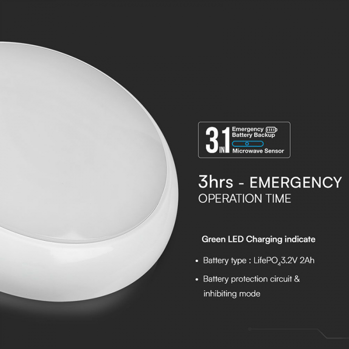 Plafoniera LED cu emergenta si senzor 8W/16W/20W (3in1 3000k-4000k-6500k)  IP65 alb IK08 V-TAC SKU-812-24 [4]