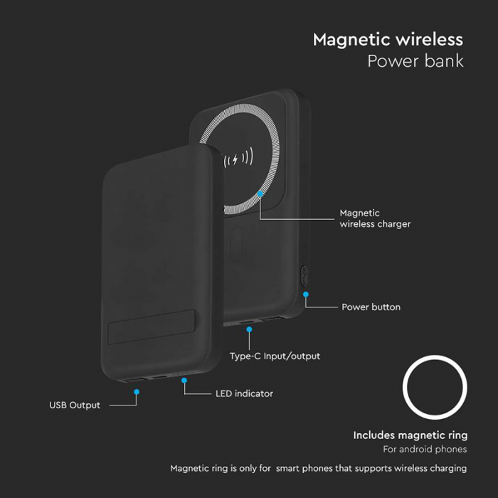 POWER BANK 10000MAH CU INEL MAGNETIC INCARCARE WIRELESS - NEGRU [12]