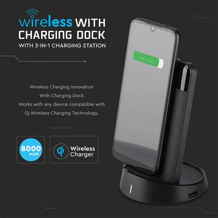 Power bank 8000mah incarcare wireless model stand negru V-tac [4]