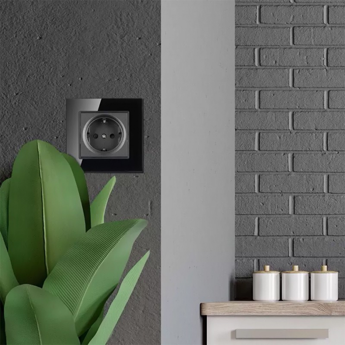 PRIZA SIMPLA 16A CU RAMA DIN STICLA , NEGRU [6]