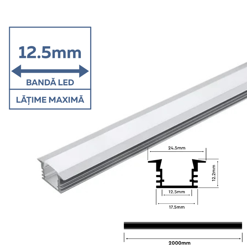 Profil Aluminiu adânc pentru bandă LED, 2m, 24.5mm x 12.2mm, capac mat, corp argintiu, V-TAC, SKU-3357 [2]