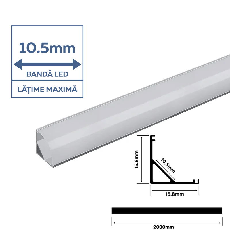 Profil Aluminiu Aplicat pe colt, pentru Bandă LED 2m, 15.8mm x 15.8mm, Corp Argintiu, Capac Mat, V-TAC [2]
