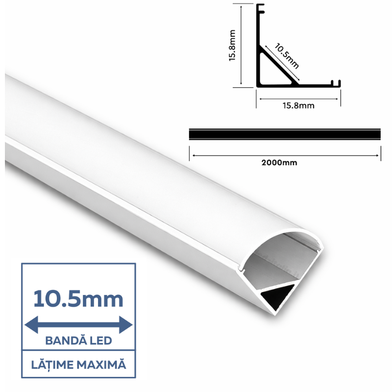 Profil Aluminiu Aplicat pe colț, pentru Bandă LED, 2m, 15.8mm x 15.8mm, corp argintiu, capac mat, V-TAC, SKU-3369 [2]
