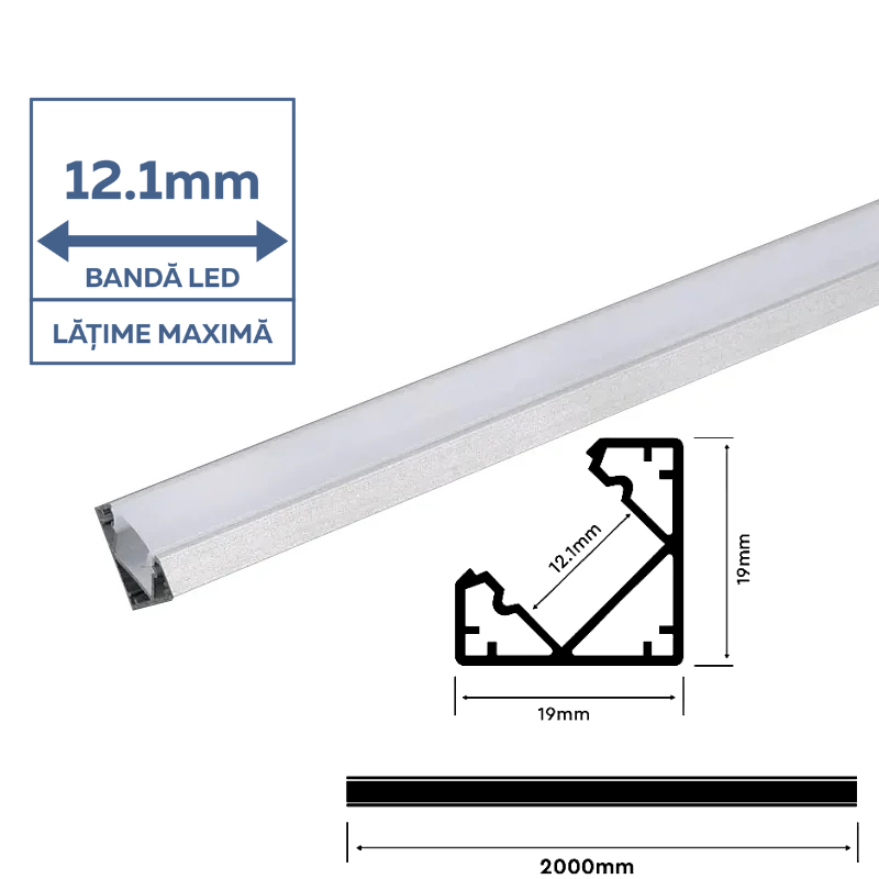 Profil Aluminiu Aplicat pe colț, pentru Bandă LED, 2m, 19mm x 19mm, corp argintiu, capac mat, V-TAC, SKU-3356 [2]