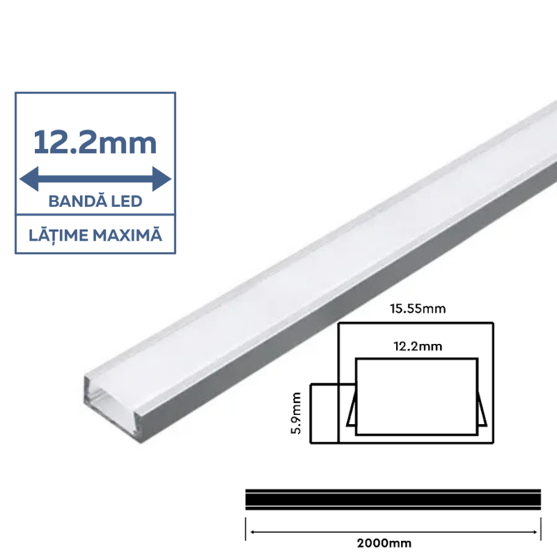 Profil Aluminiu Aplicat pentru Bandă LED, 2m, 15.55mm x 5.9mm, capac mat, corp argintiu [2]