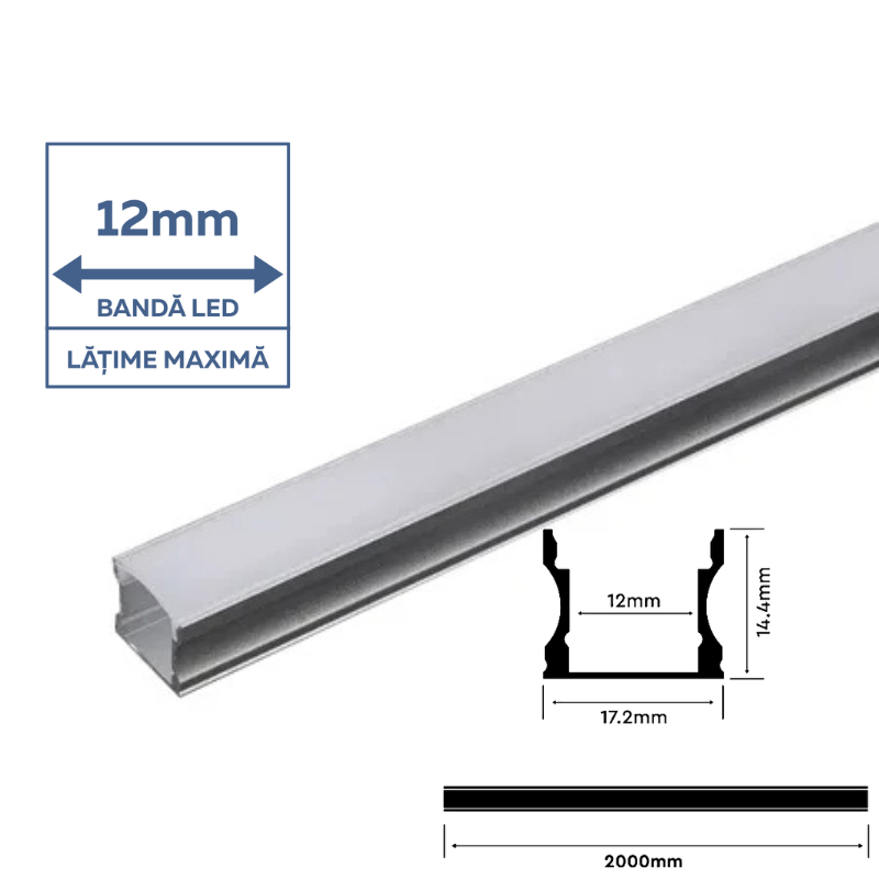 Profil Aluminiu Aplicat pentru Bandă LED, 2m, 17.2mm x 15.5mm, corp argintiu, capac mat, V-TAC, SKU-3354 [2]