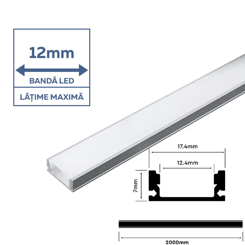Profil Aluminiu Aplicat pentru Bandă LED, 2m, 17.4mm x 7mm, capac mat, corp argintiu, V-TAC, SKU-3355 [2]