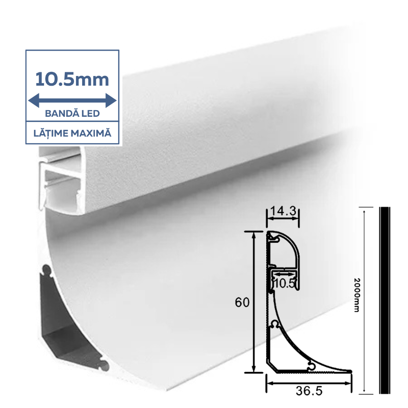 Profil LED tip plintă 2 m 60x36 mm, iluminare perimetrală, capac mat [2]