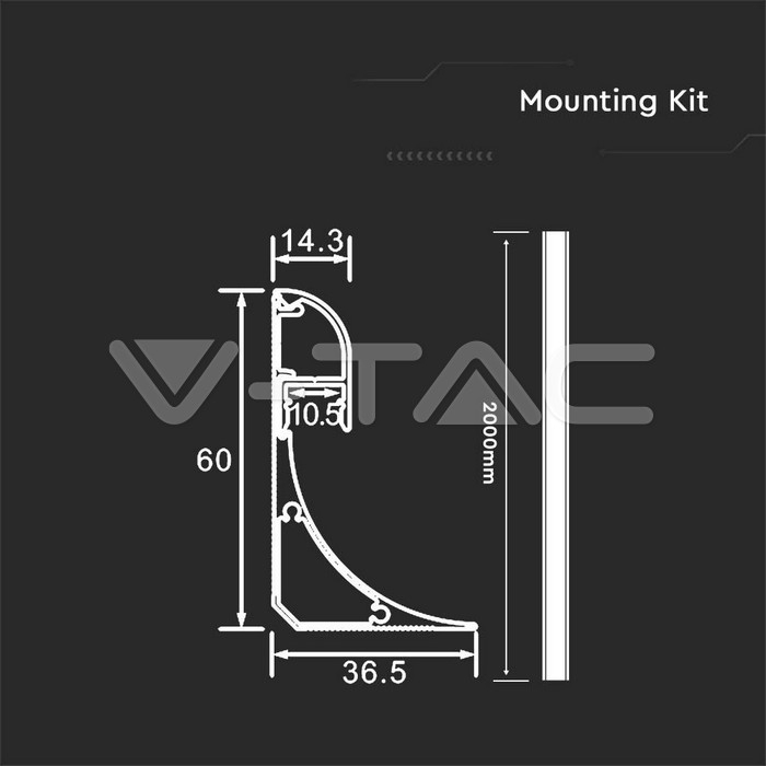 Profil Aluminiu Aplicat pentru Bandă LED, 2m, 60mm x 36mm, capac mat, corp argintiu, V-TAC, 23180 [2]