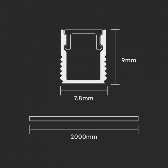 Profil Aluminiu Aplicat pentru Bandă LED, 2m, 7.8mm x 9mm, corp argintiu, capac mat, V-TAC, SKU-2903 [3]
