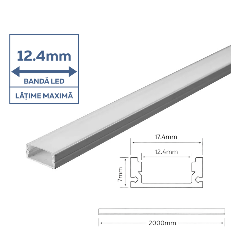 Profil aluminiu aplicat pentru banda led 2metri, 17.4mm x 7mm, Capac Mat, Corp Albv V-TAC 3365 [2]