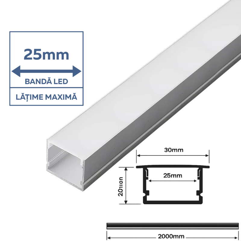 Profil aluminiu aplicat pentru bandă LED, 30mm x 20mm, capac mat, corp argintiu, V-TAC, SKU-3371 [2]
