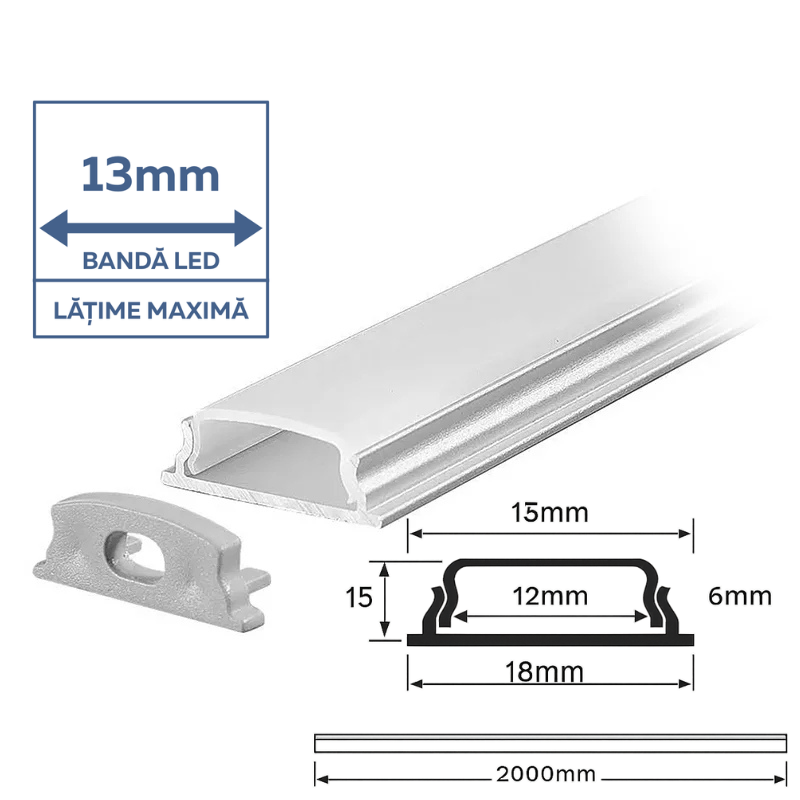 Profil aluminiu aplicat pentru banda led flexibil 2m,  18MM X 6MM, Capac Mat, Corp Argintiu V TAC 2909 [2]